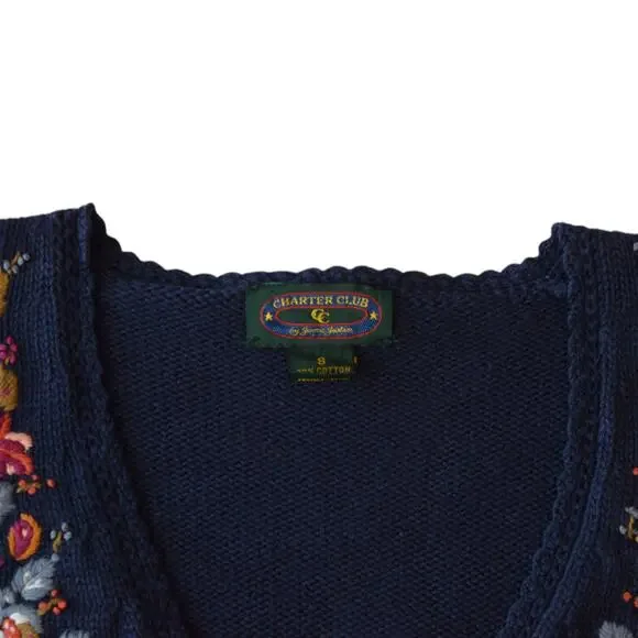 Vintage 80s Navy Blue Knit Cardigan Sweater with Floral Embroidery - Size Small - Picture 3 of 5